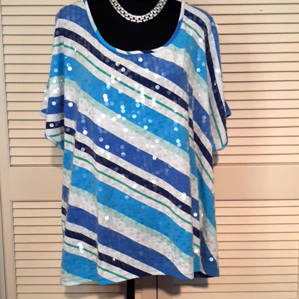 Faded Glory 3 X Blue Stripe Cold Shoulder Blouse